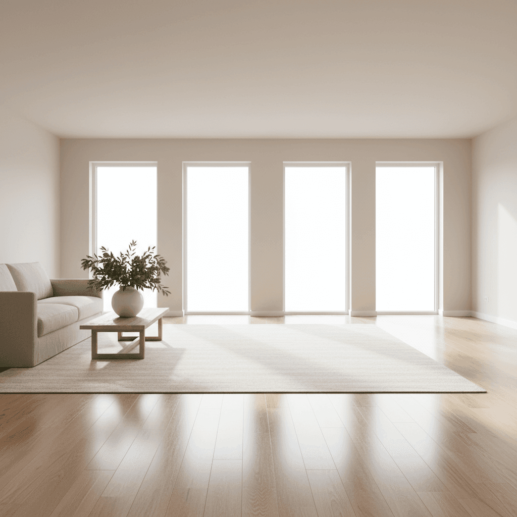 Empty spotless living room with clean floors and sunlight streaming through windows