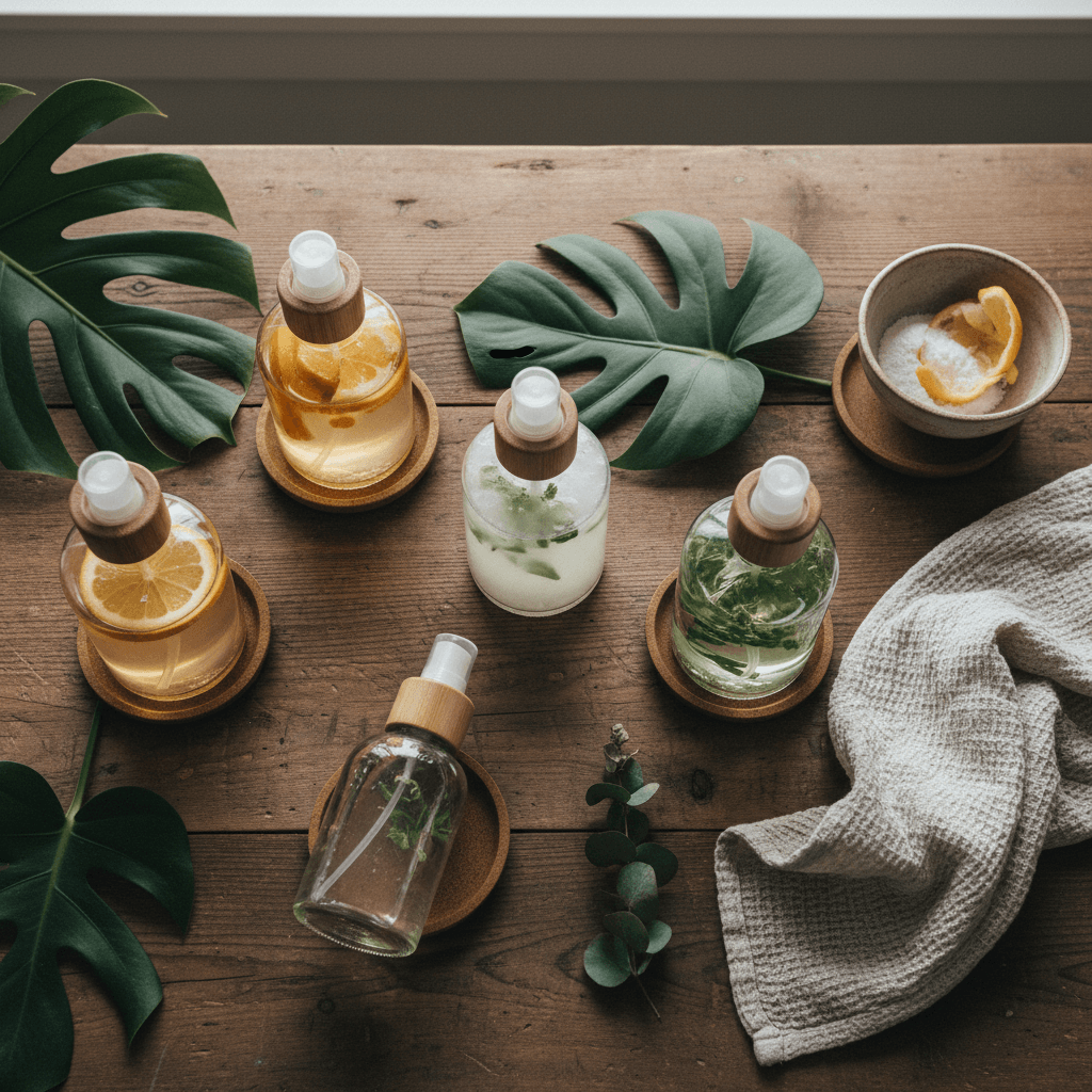 Glass spray bottles with homemade cleaning solutions and green leaves on a wooden table