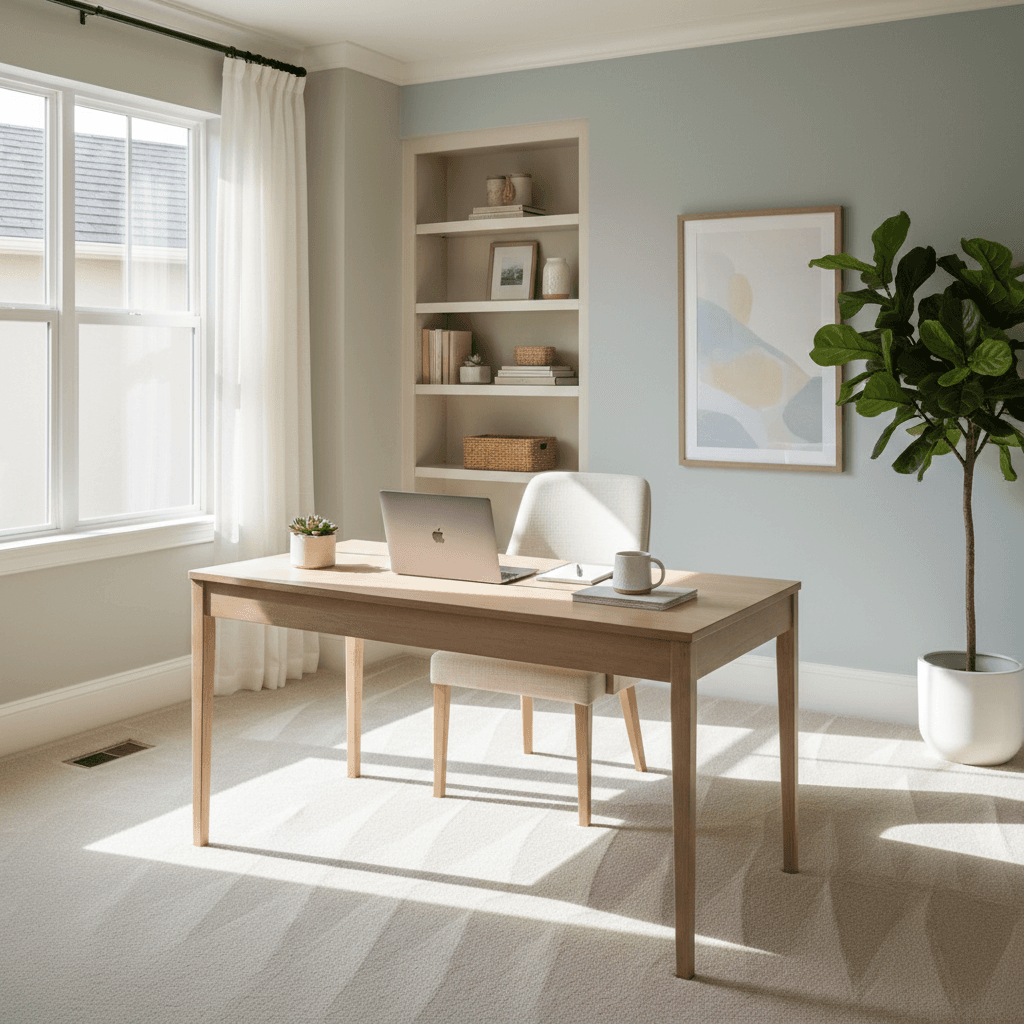 Clean organized home office with a tidy desk and vacuumed carpet