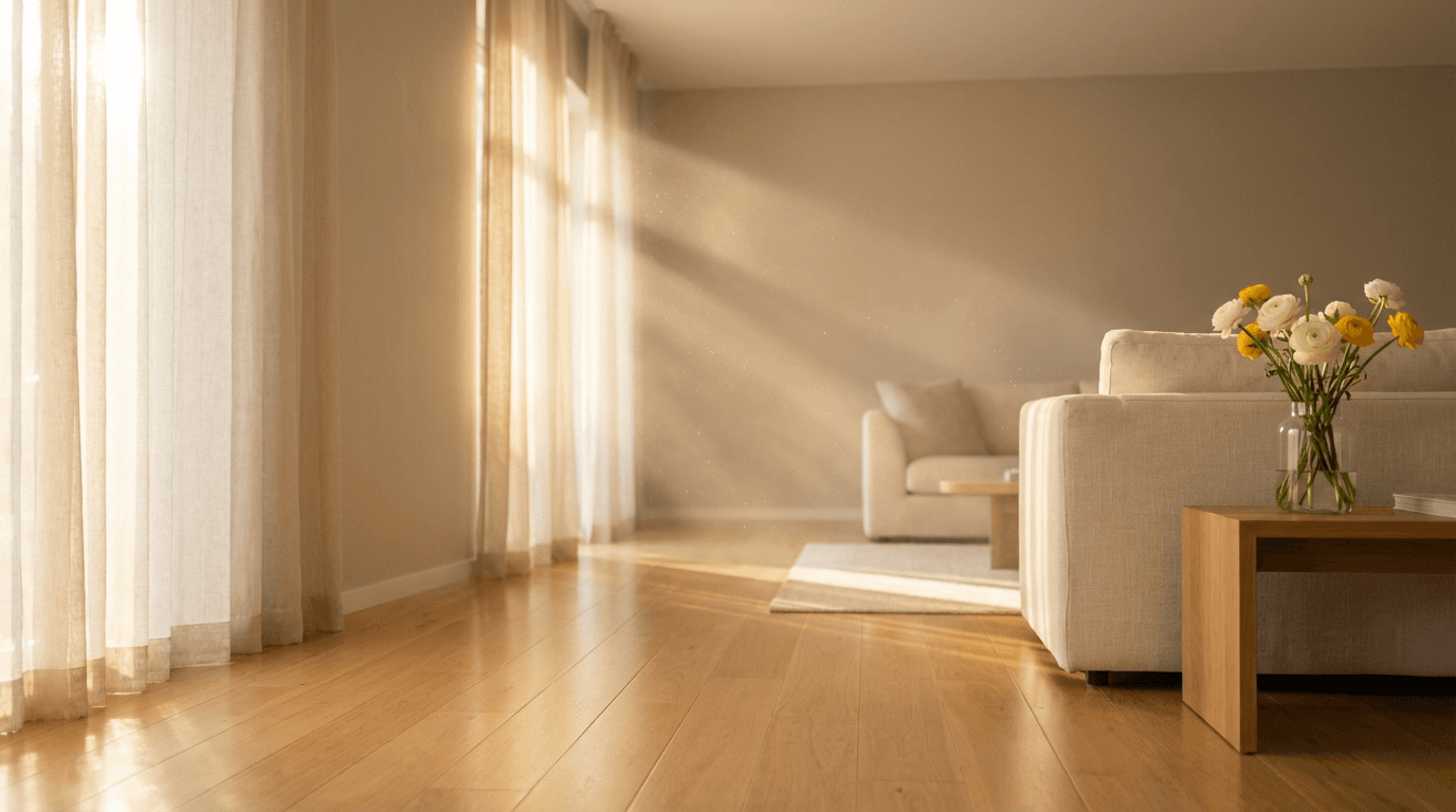 Bright, freshly cleaned living room with natural light and eco-friendly cleaning supplies on a wooden table