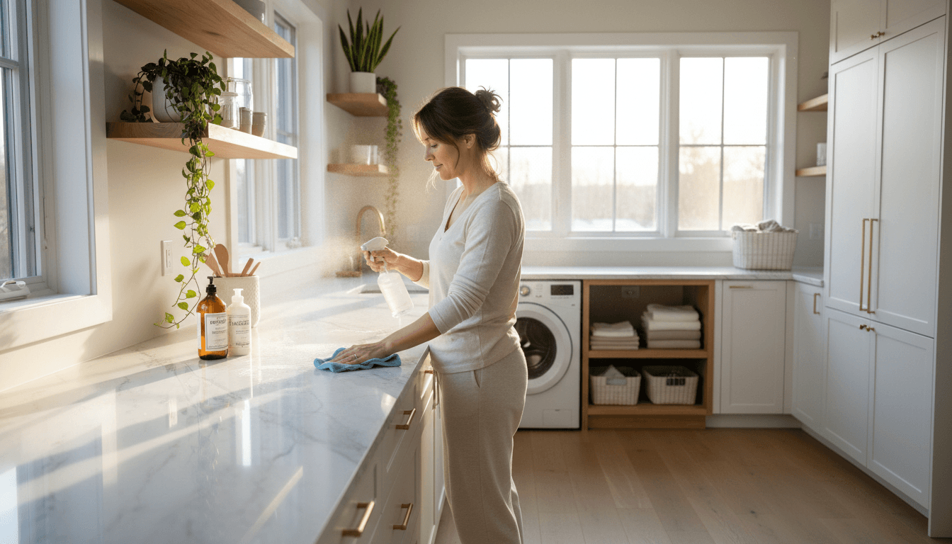 Eco-friendly cleaning supplies and cloths in a kitchen