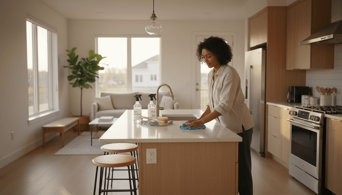 Eco-friendly cleaning supplies in a caddy on a kitchen counter