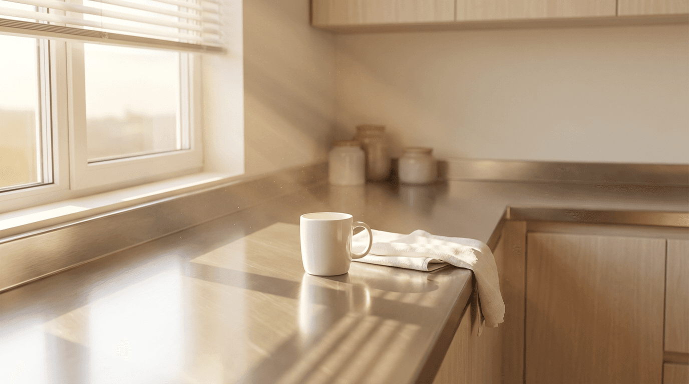 Tidy commercial kitchen after cleaning