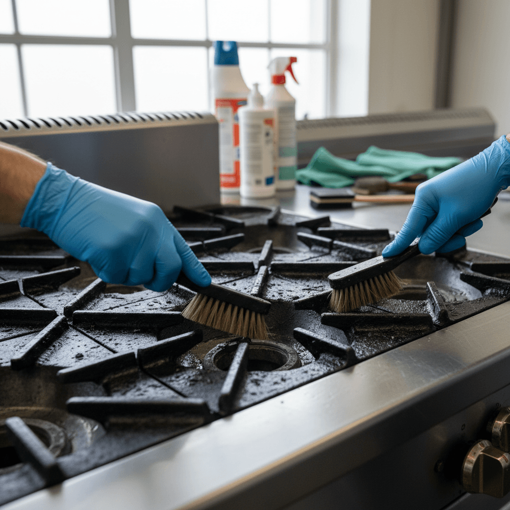 Hand scrubbing a kitchen stove top