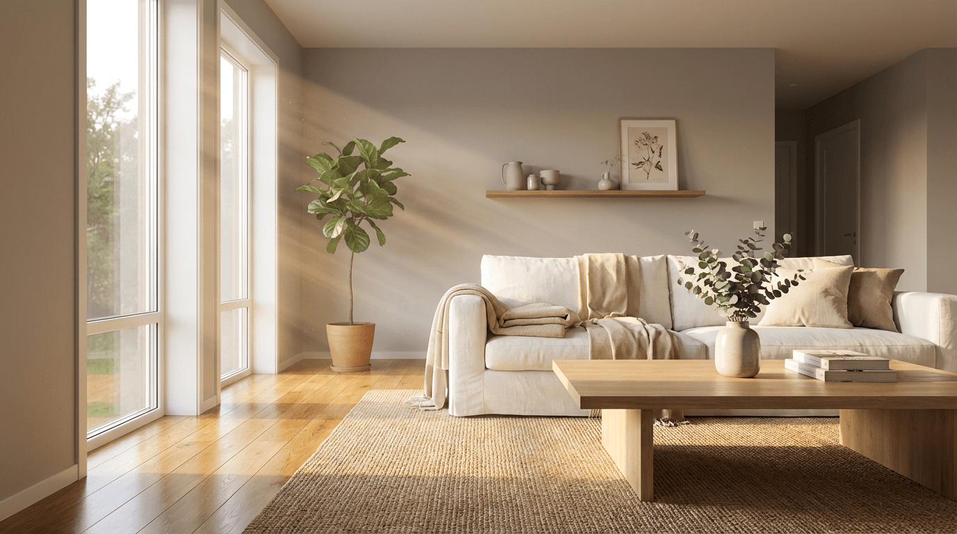 Sunlit living room freshly cleaned with gleaming wood floors and a plant-based spray bottle on the coffee table