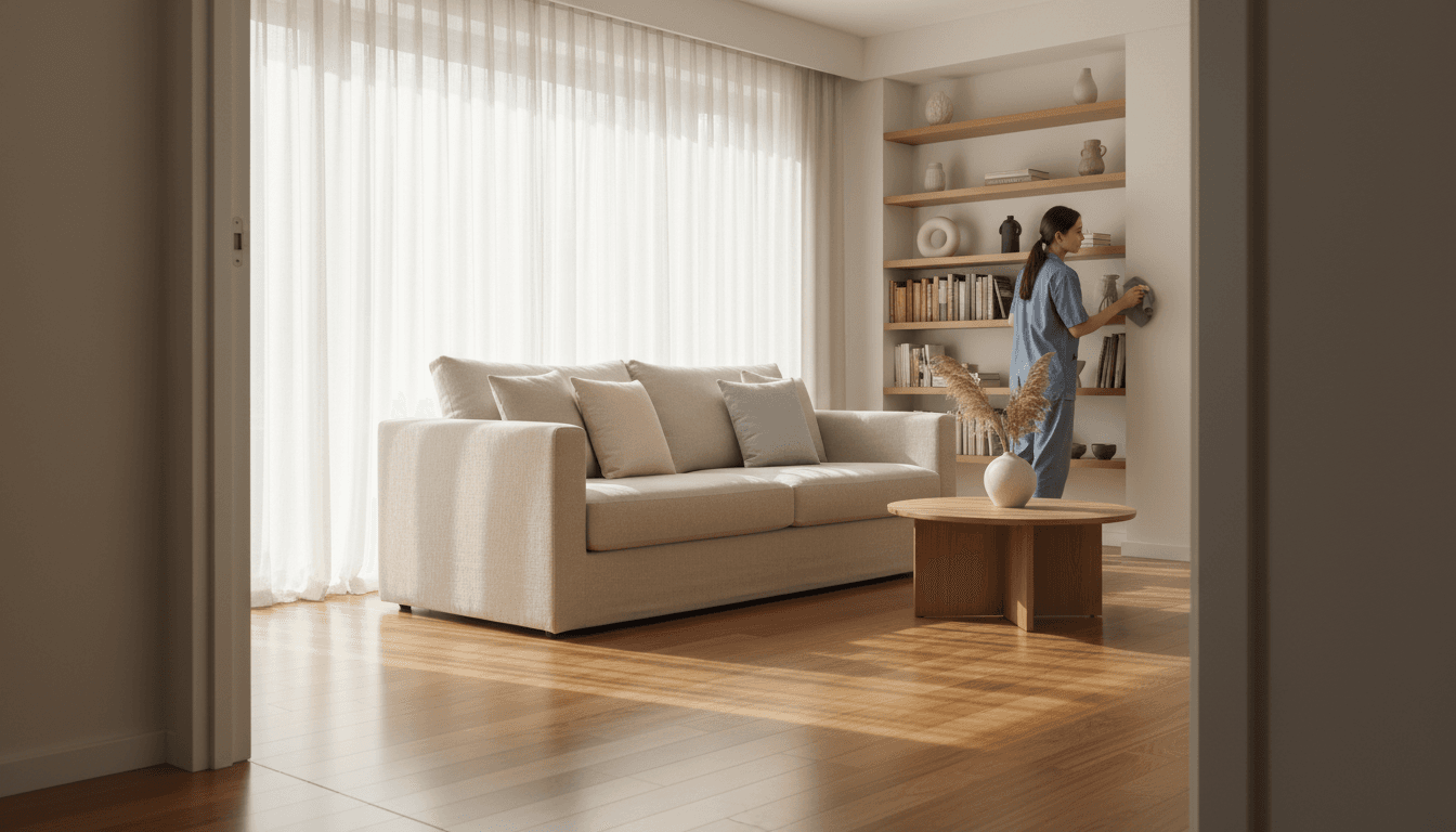 Sunlit living room freshly cleaned with eco-friendly products