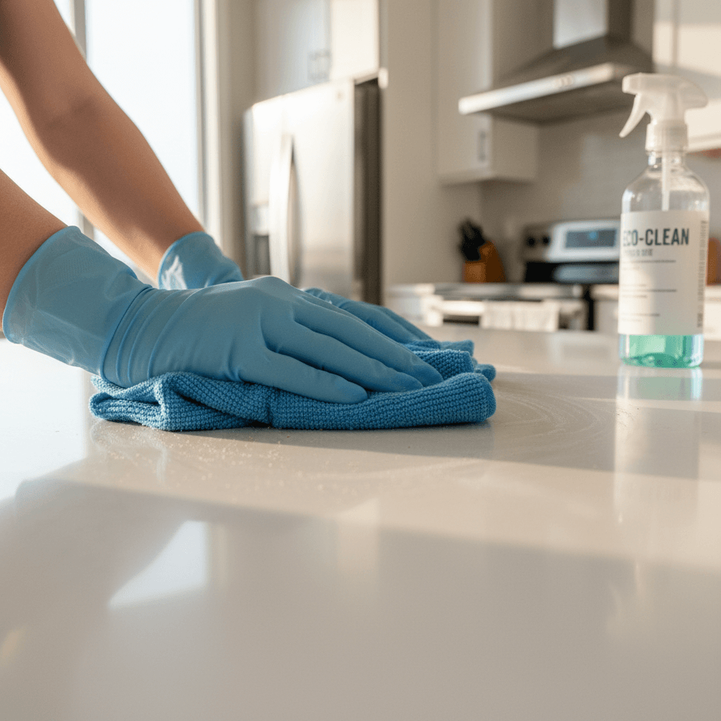 Hands scrubbing a kitchen surface during a deep clean