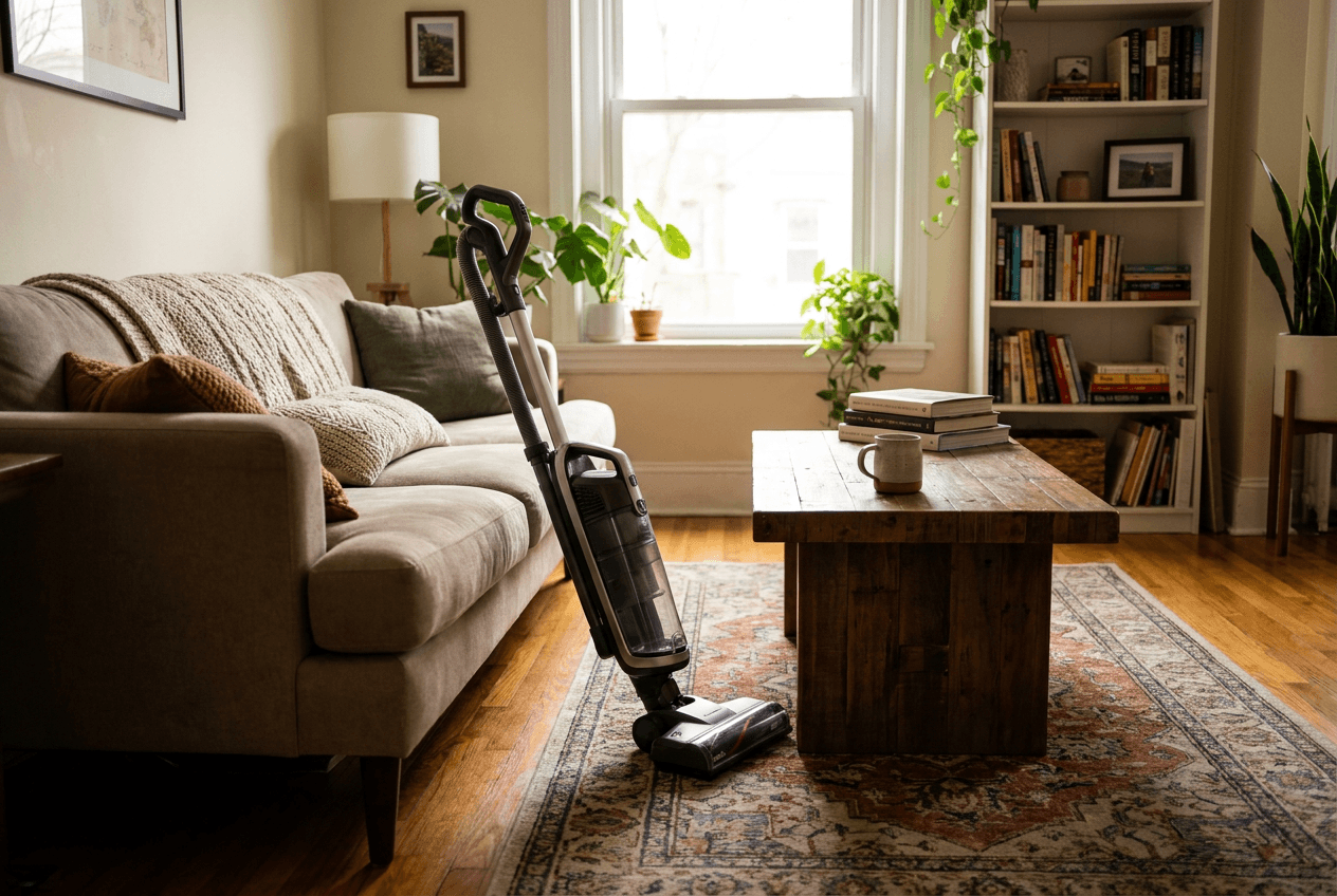 Bright living room with eco-friendly cleaning supplies on a wooden table, sunlight streaming through windows